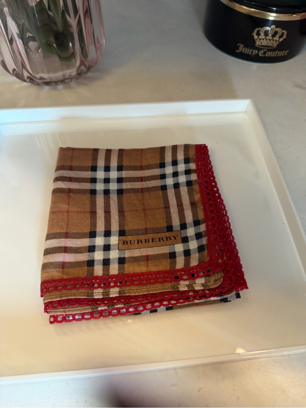 Burberry Beige Classic Check Handkerchief with Red Crochet Edge